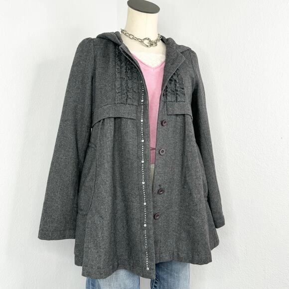 Babydoll Wool Blend Hooded Pleated Jacket Gray Rhinestones - Picture 1 of 8